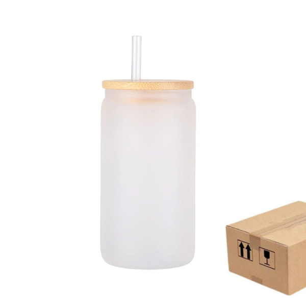 16oz Case (16/32/50 UNnits) Sublimation Glass Tumbler Cups Beer Can  W/Bamboo Lids Transparent/Frosted