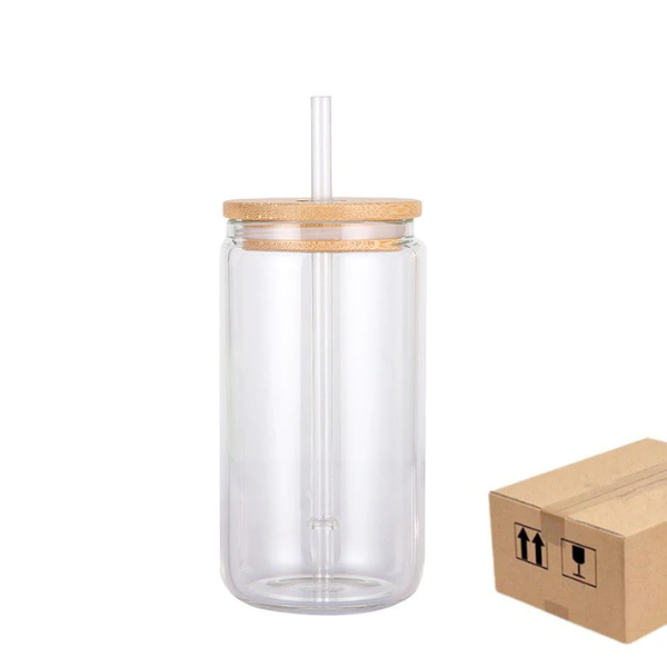 16oz Case (16/32/50 UNnits) Sublimation Glass Tumbler Cups Beer Can  W/Bamboo Lids Transparent/Frosted