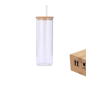 25oz Case (25 Units) Sublimation Glass Tumbler Cups Beer Can  W/Bamboo Lids transparent/frosted