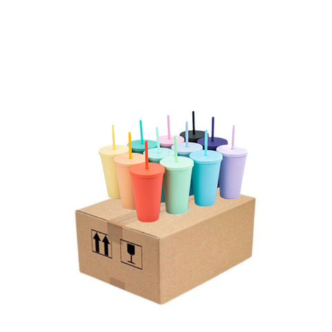 16oz Case (25 Units) Colored Acrylic Cups,Double Wall Matte Plastic Bulk Tumblers W/Straw